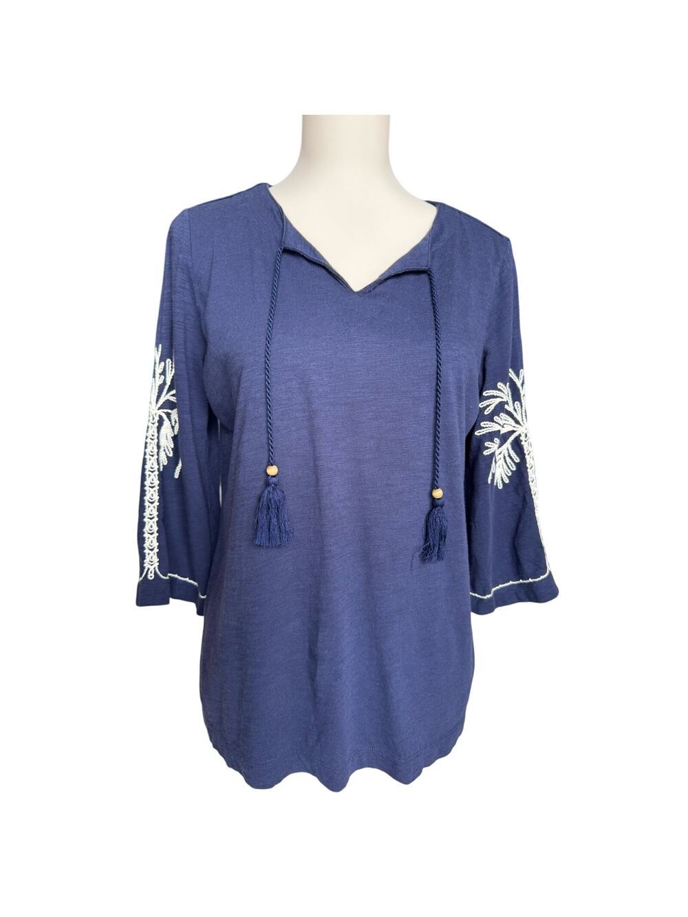 Belle Beach Kim Gravel Palm Tree Embroidered Tassel Tunic Top XS Blue